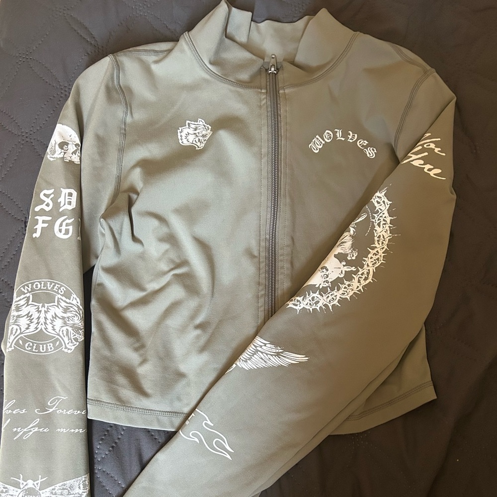 Darc Sport Olive Green Zip-Up Jacket with White Graphic Prints